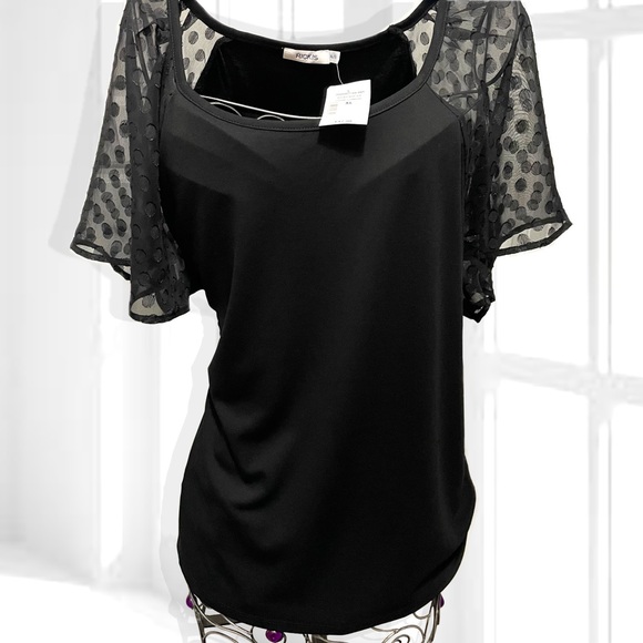 Black T-Shirt Blouse with Sheer Polka Dot Sleeves - Picture 1 of 4